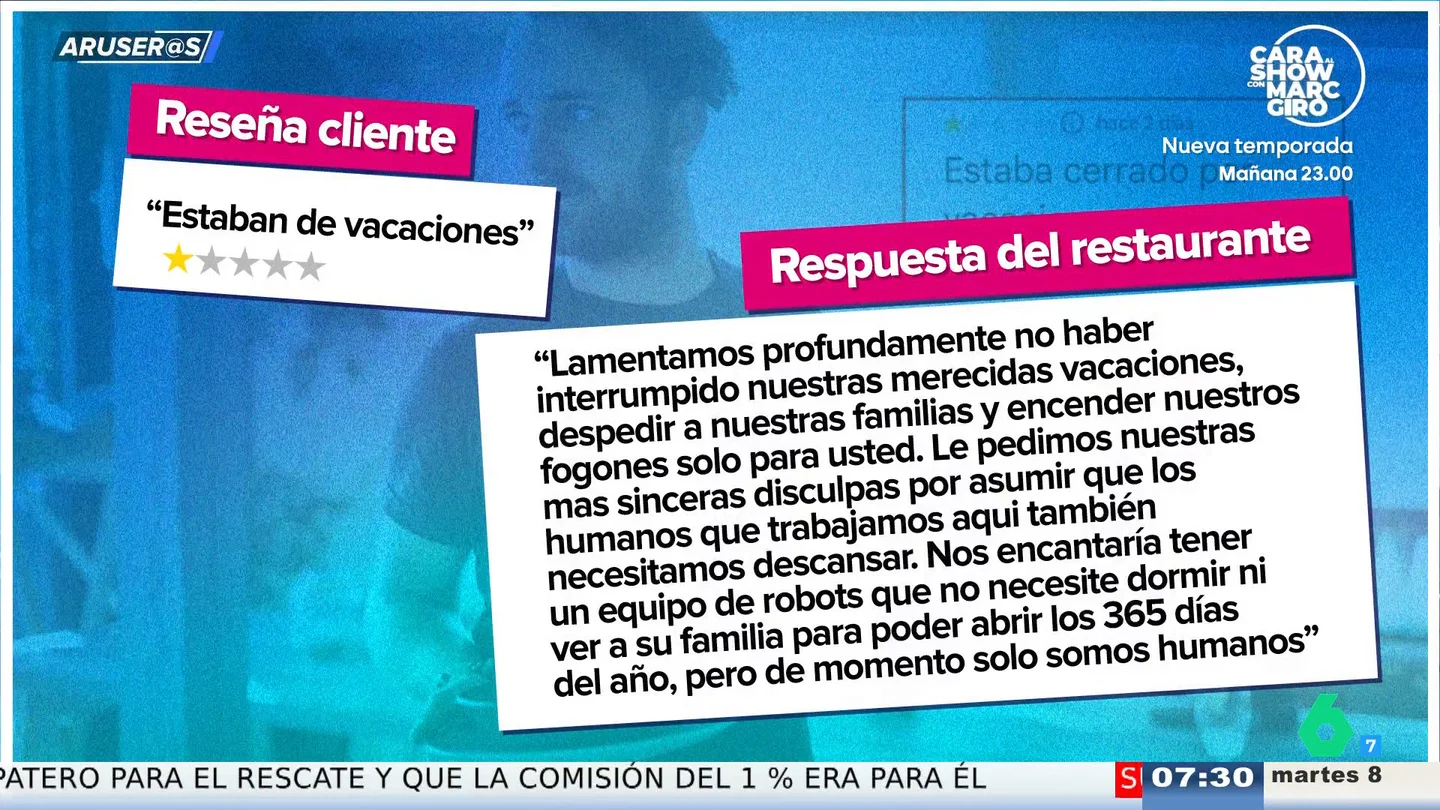 La aplaudida respuesta de un restaurante tras recibir una estrella por "estar cerrado por vacaciones": "Somos humanos" La aplaudida respuesta de un restaurante tras recibir una estrella por "estar cerrado por vacaciones": "Somos humanos"