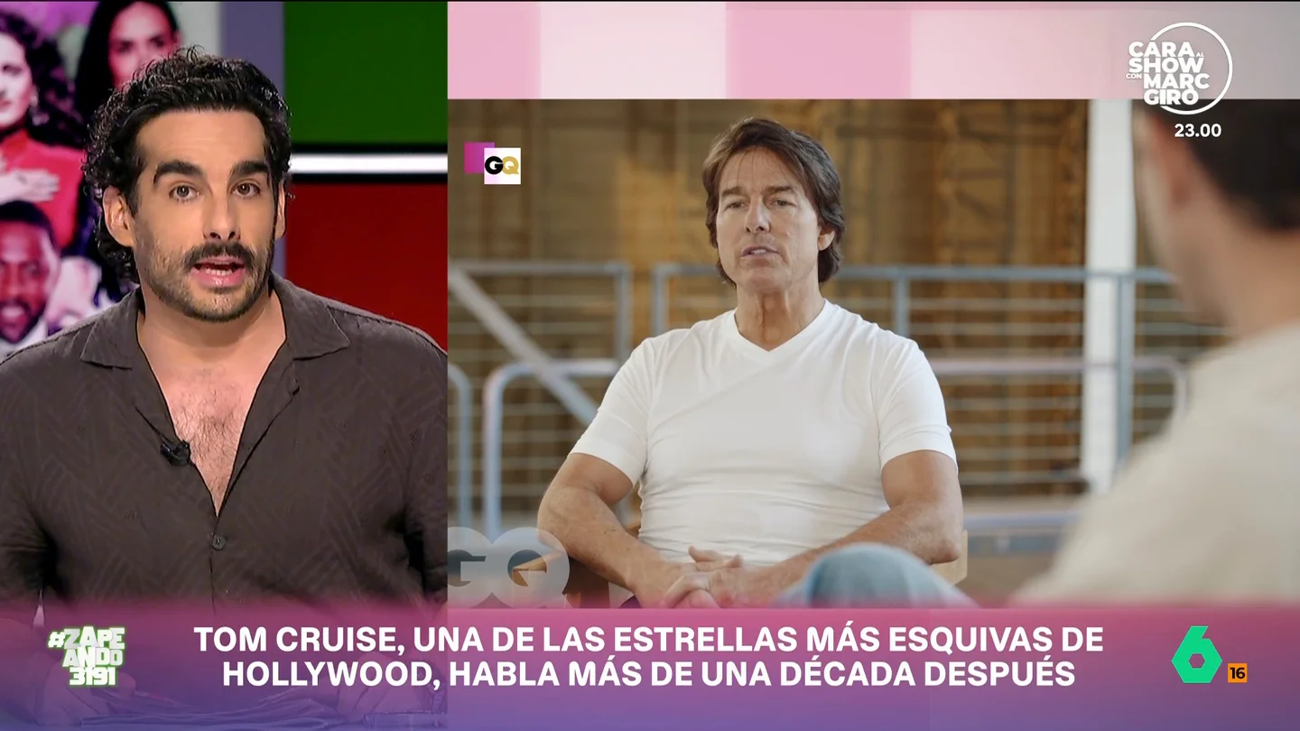 Juan Sanguino analiza la primera entrevista de Tom Cruise en 14 años: "Si quiere un Óscar, tiene que parecer un ser humano" Juan Sanguino analiza en Zapeando los detalles de la entrevista de Tom Cruise para 'GQ' y recuerda cuando se le consideraba una "persona siniestra": "No me quiero imaginar cómo han sido los preparativos de la entrevista".