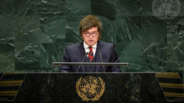 Fotograf&iacute;a cedida por Naciones Unidas que muestra al presidente de Argentina, Javier Milei, hablando ante la Asamblea General de las Naciones Unidas