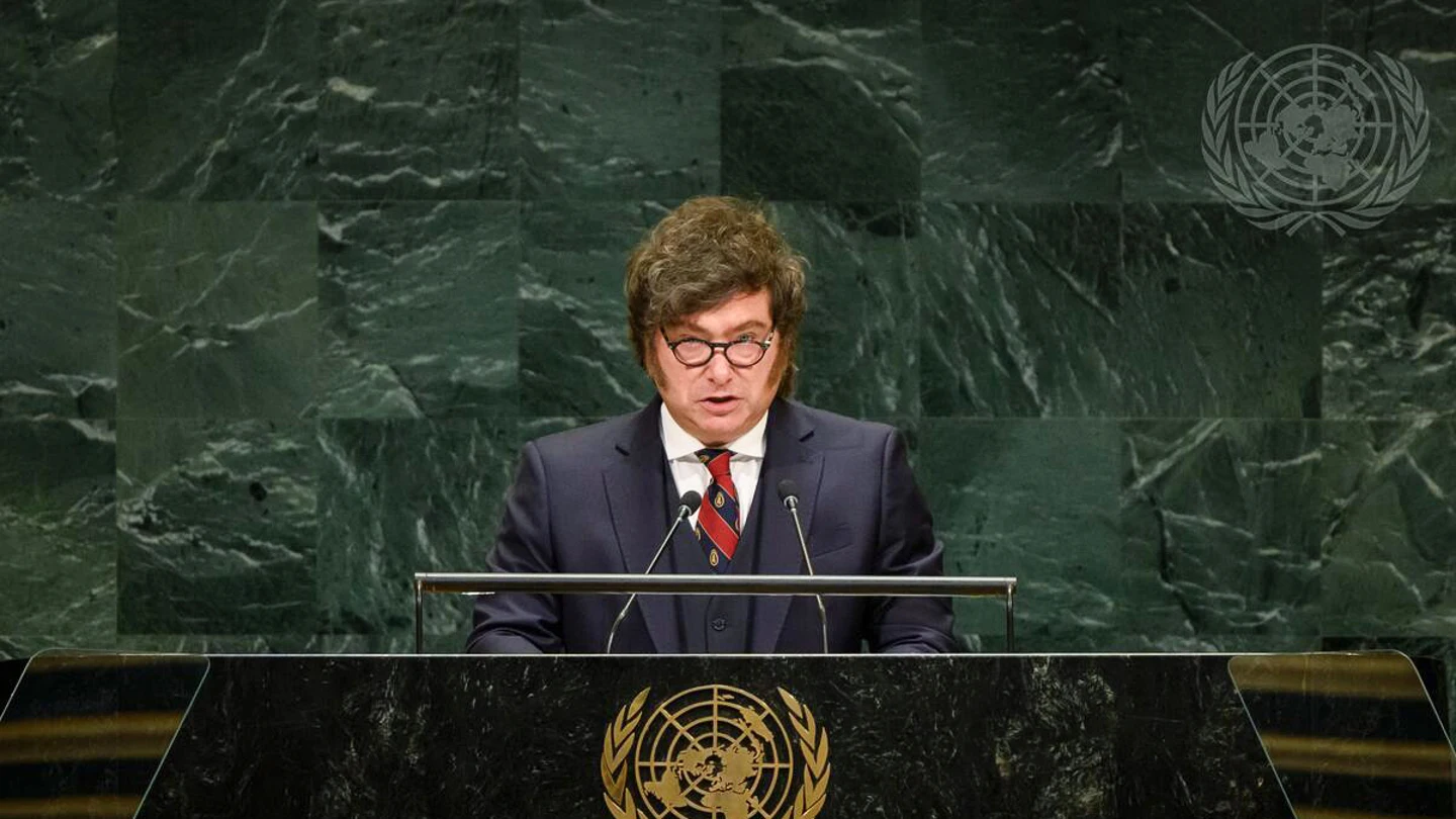 Fotografía cedida por Naciones Unidas que muestra al presidente de Argentina, Javier Milei, hablando ante la Asamblea General de las Naciones Unidas Fotografía cedida por Naciones Unidas que muestra al presidente de Argentina, Javier Milei, hablando ante la Asamblea General de las Naciones Unidas
