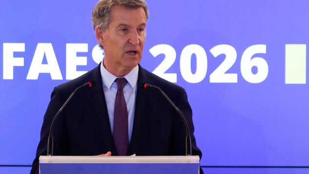 El presidente del PP, Alberto N&uacute;&ntilde;ez Feij&oacute;o, interviene en la clausura del Campus FAES 2026 este viernes en Madrid.