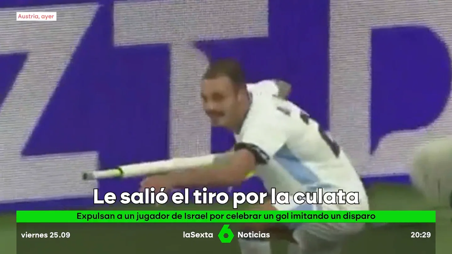 Un futbolista israelí acaba expulsado después de celebrar un gol imitando un disparo con el banderín de córner Sayed Abu Farchi, delantero de la selección israelí, asegura que su polémica celebración es en realidad un gesto de billar. Sin embargo, el árbitro no dudó en mostrarle la segunda amarilla al considerar que estaba simulando un disparo.