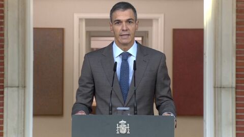 El presidente del Gobierno, Pedro S&aacute;nchez, comparece desde el Palacio de la Moncloa