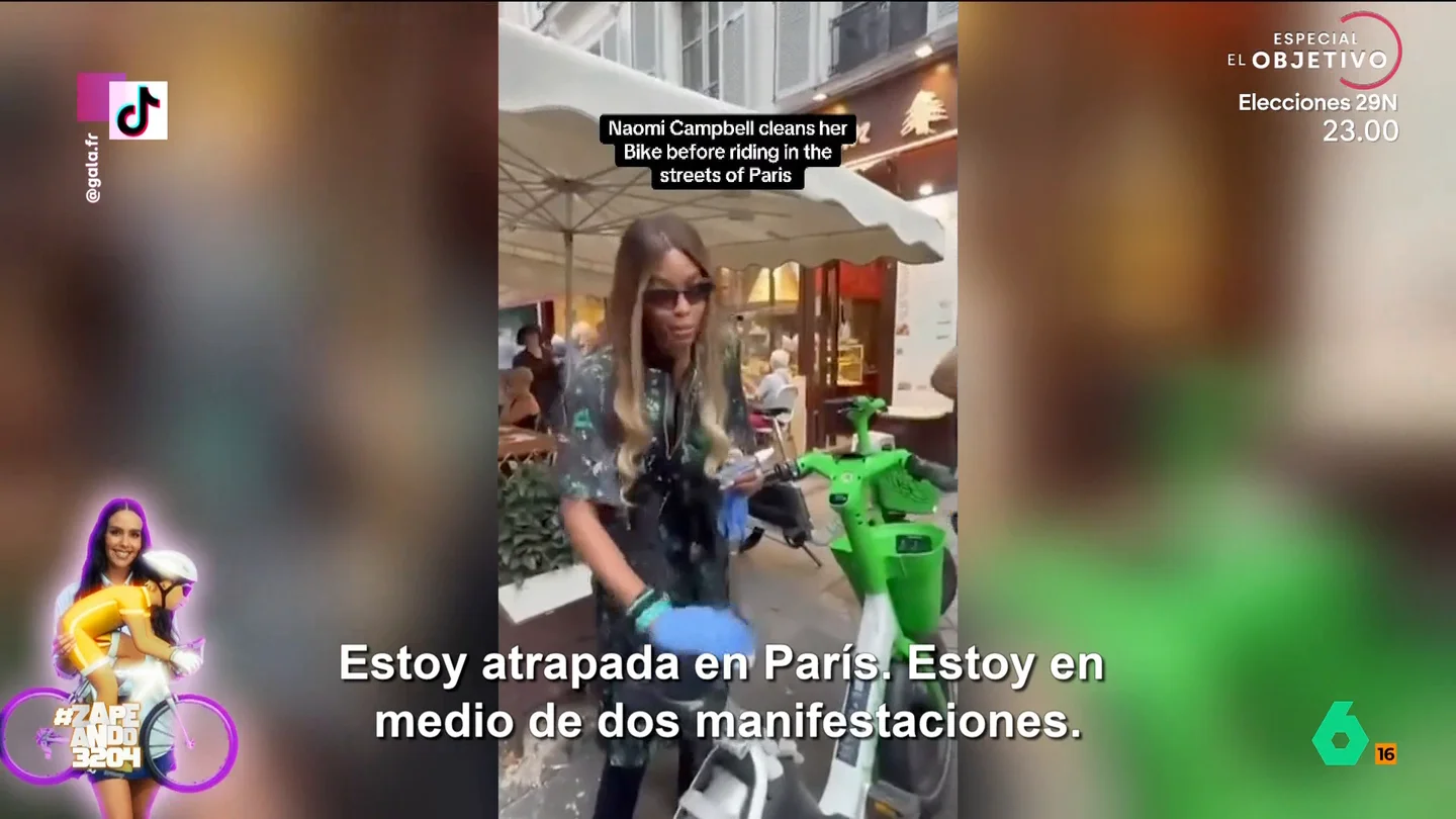 Naomi Campbell lo vuelve a hacer y se pone a desinfectar una bici eléctrica en París Naomi Campbell subió un divertido vídeo a sus redes sociales en el que aparece con guantes y desinfectante limpiando una bici eléctrica de alquiler en París. Después, mostró sus 'habilidades' con los pedales.