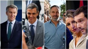 Alberto N&uacute;&ntilde;ez Feij&oacute;o, Pedro S&aacute;nchez, Santiago Abascal, Yolanda D&iacute;az y Pablo Bustinduy