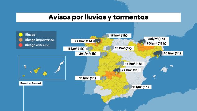 Este martes hay 11 comunidades en aviso por tormentas.