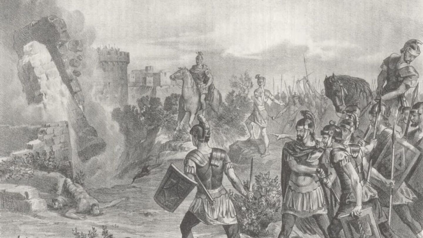 Ilustraci&oacute;n decimon&oacute;nica de Josep Serra i Pors&oacute;n de la captura de Contrebia por parte de las tropas de Sertorio