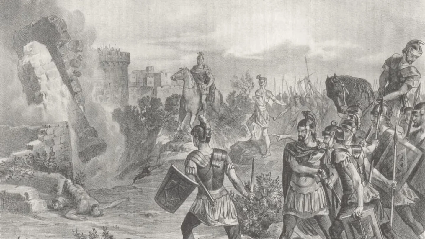 Ilustración decimonónica de Josep Serra i Porsón de la captura de Contrebia por parte de las tropas de Sertorio Ilustración decimonónica de Josep Serra i Porsón de la captura de Contrebia por parte de las tropas de Sertorio