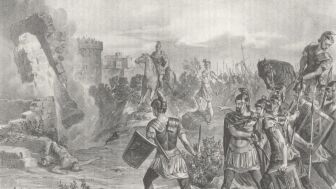 Ilustraci&oacute;n decimon&oacute;nica de Josep Serra i Pors&oacute;n de la captura de Contrebia por parte de las tropas de Sertorio
