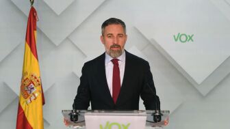 El l&iacute;der de Vox, Santiago Abascal, durante una comparecencia