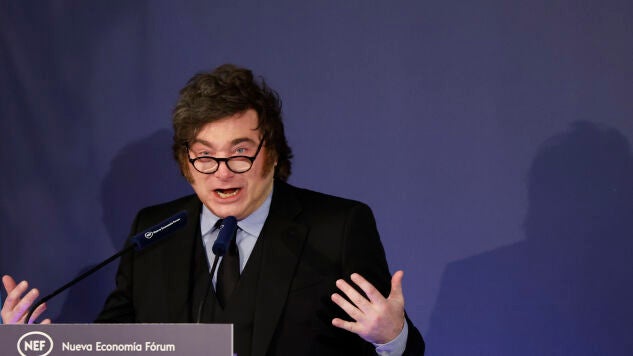 El presidente de Argentina, Javier Milei, que ha intervenido en el desayuno informativo del F&oacute;rum Europa este mi&eacute;rcoles en Madrid
