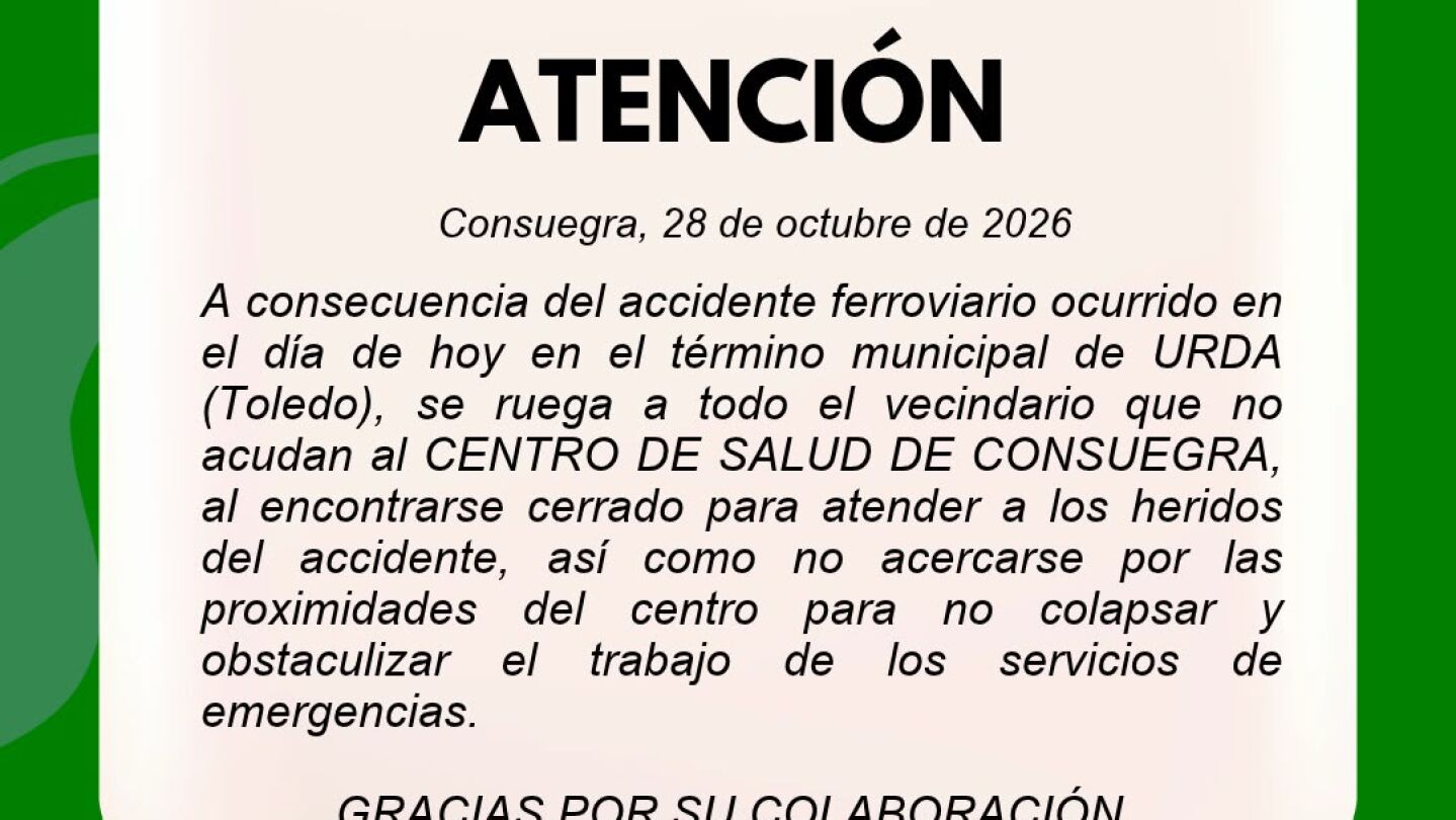 El Ayuntamiento de Consuegra, al lado de Urda, pide a sus ciudadanos que no acudan al centro de salud para atender a los heridos del accidente