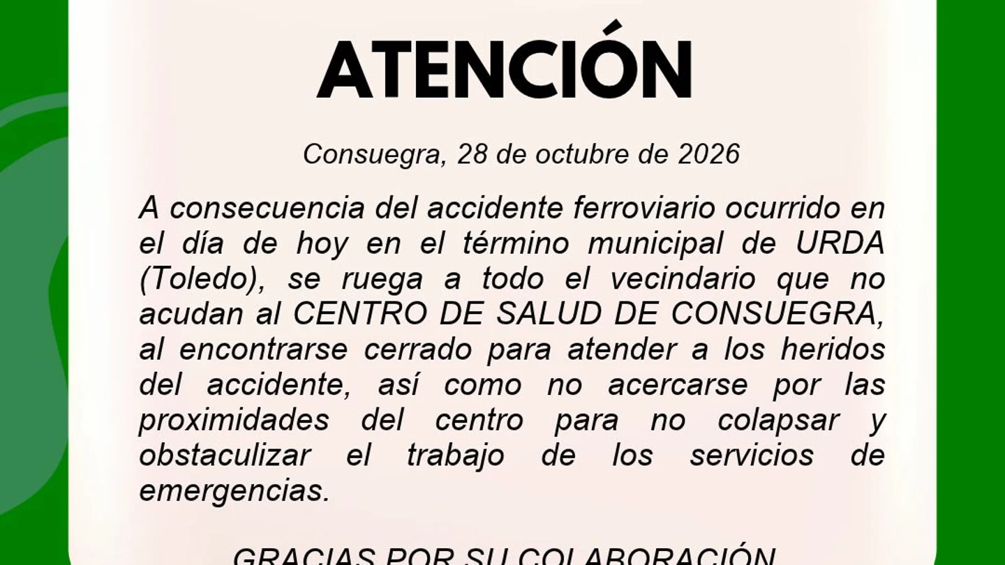 El Ayuntamiento de Consuegra, al lado de Urda, pide a sus ciudadanos que no acudan al centro de salud para atender a los heridos del accidente El Ayuntamiento de Consuegra, al lado de Urda, pide a sus ciudadanos que no acudan al centro de salud para atender a los heridos del accidente