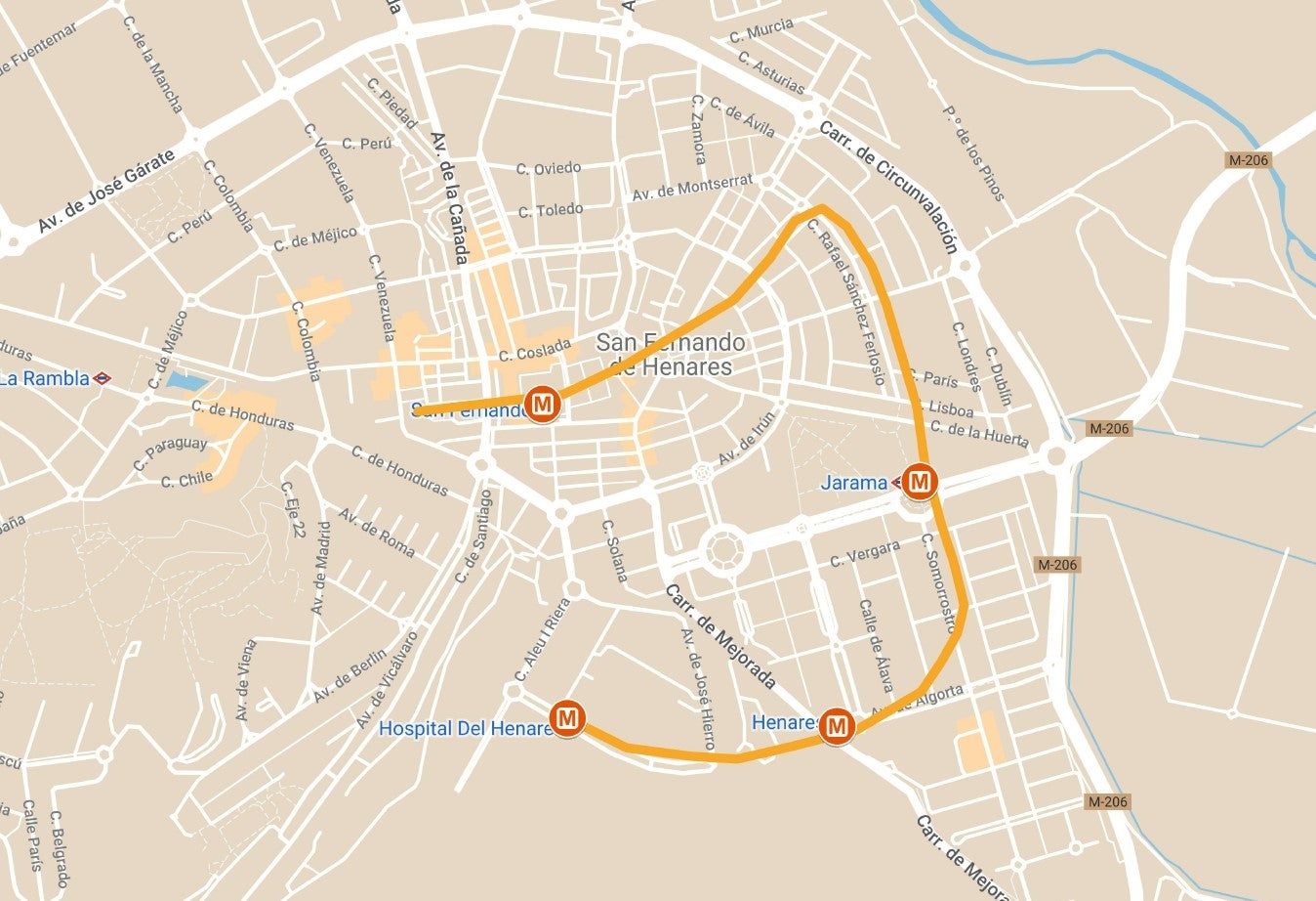 Mapa de San Fernando de Henares y la línea 7b del Metro de Madrid